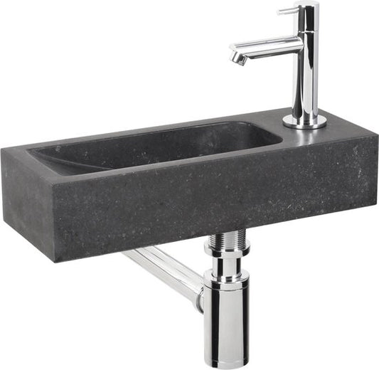 Differnz Luxor Brunnenset - Spülbecken Naturstein - Schwarz - Gebogener Wasserhahn - Chrom - Standardgriff - 38 x 14 x 8 cm