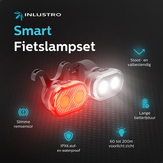 Inlustro Smart Bicycle Light Set - Rücklicht mit Bremssensor / Sattelhalterung - LED-Fahrradlicht rot und weiß - Fahrradlicht Scheinwerfer Vorderlicht - USB aufladbar / wasserdicht