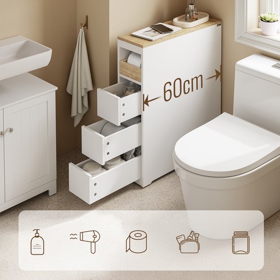 SoBuy Toilettenschrank 20 cm, Badezimmerschrank mit 3 Schubladen, kleiner Toilettenpapierschrank, mobiles Regal für Bad, WC und Küche, weiß, 60 x 20 x 82,3 cm