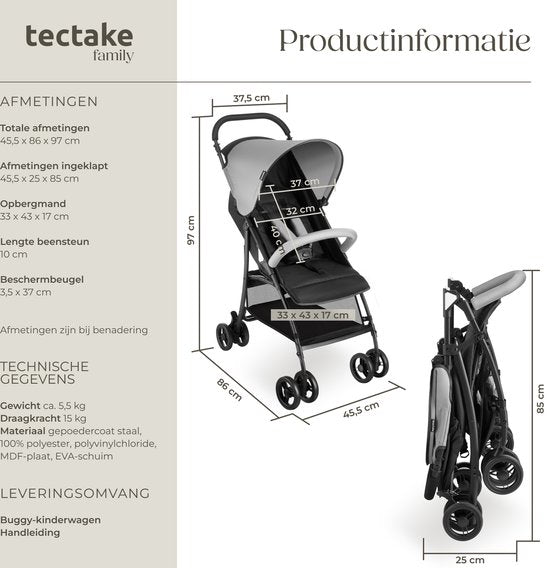 tectake® Buggy - Kinderwagen - faltbar, 5-Punkt-Gurt, verstellbare Rückenlehne und Beinauflage - mit Bremse, leichtgängige Räder - praktischer Ablagekorb - schwarz/grau