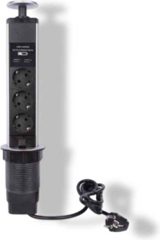 Perel Pop-up-Steckdose, 3 Steckdosen mit Schutzleiter (Typ F), 2 USB-Anschlüsse, Einbauöffnung 71 mm, Innenbereich, schwarz/grau