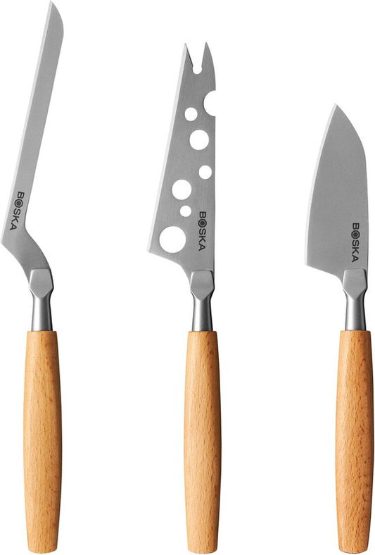 Boska Käsemesserset Amigo - Käsemesser - 3er-Set - Für jede Käsesorte - Antihaftbeschichtung - Ergonomisch - Edelstahl und Buchenholz