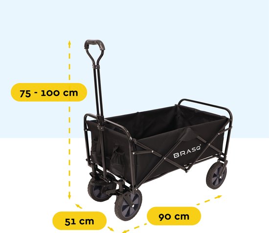 BRASQ Faltbarer Wagen - 100 Liter - 80 KG Kapazität - Schwenkbare Räder mit Bremse - 90x51x100 CM - Verstellbarer Griff - Faltbarer Wagen - Kompakt - Schwarz