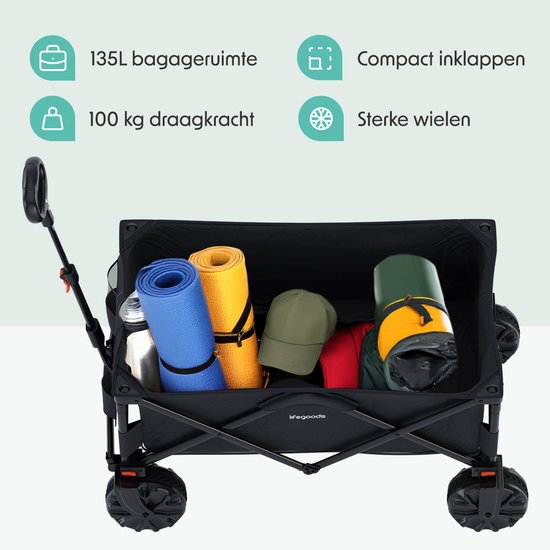 LifeGoods Wagon - faltbar - 100KG - 135L - zusammenklappbarer Wagon mit abnehmbaren Rädern - Schutzhülle - Schwarz
