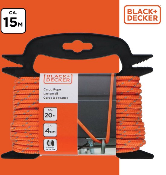 BLACK+DECKER Zurrgurt mit Oproller 20 Meter - Inkl. Zurrgurt Oproller - Zurrgurt - Transportseil - Elastisches Seil - mit reflektierenden Teilen - Transportmanagement - Nylon/ Kunststoff - Orange/Schwarz