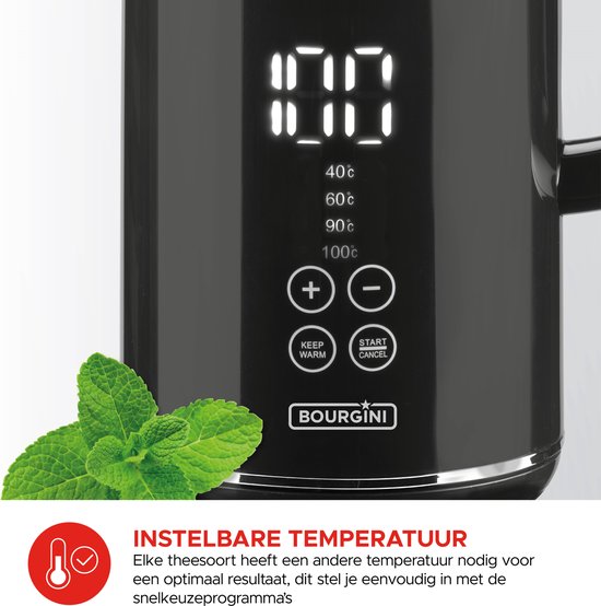 Bourgini Digitaler Wasserkocher Cool Touch - 1.7L - Schwarz