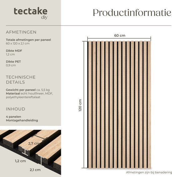 tectake® Akustikplatten – 4er-Set – Akustik-Wandplatte – 60 x 120 cm - 2,88 m² - Wandpaneele mit anpassbarer Größe - Lattenwand aus MDF und Holzfurnier - Schalldämmung - Stilvolle Wanddekoration - Einfache Montage - Helle Eiche