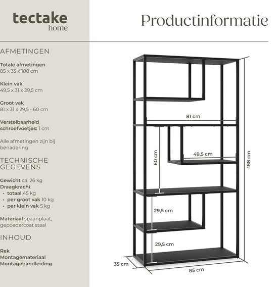 tectake® Wandschrank Venda - 85 x 35 x 188 cm - Industrie-Look - Stahlrahmen - Schrank mit Kippschutz - Bücherregal mit 6 asymmetrischen Fächern - moderner Aufbewahrungsschrank für Wohnzimmer, Küche oder Schlafzimmer