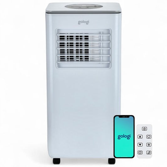 Gologi 3-in-1 Mobiles Klimagerät - Luftkühler mit Wifi und App - 9.000 BTU/h - Mit Fensterdichtungsset - Inklusive Fernbedienung - Geeignet für Schlafzimmer - Weiß
