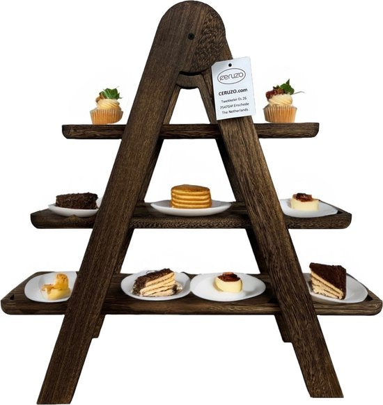 Ceruzo Etagere Platanenholz - 3 Lagen - Höhe 42 cm - Leichtgewicht - Servierturm - Servierbrett - High Tea