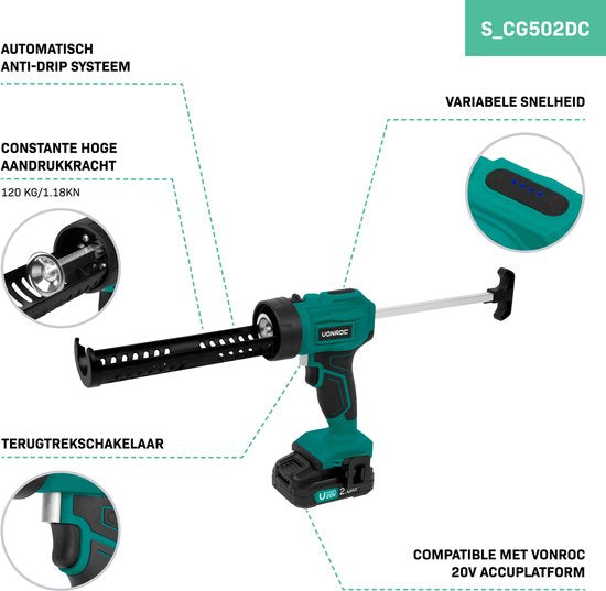 VONROC Akku-Sprühgerät 20V - Schubkraft 1,18kN/120kg - Anti-Tropf-System - variable Geschwindigkeitsregelung - geeignet für alle gängigen Kit-Patronen - Inkl. 2.0Ah Akku und Schnellladegerät