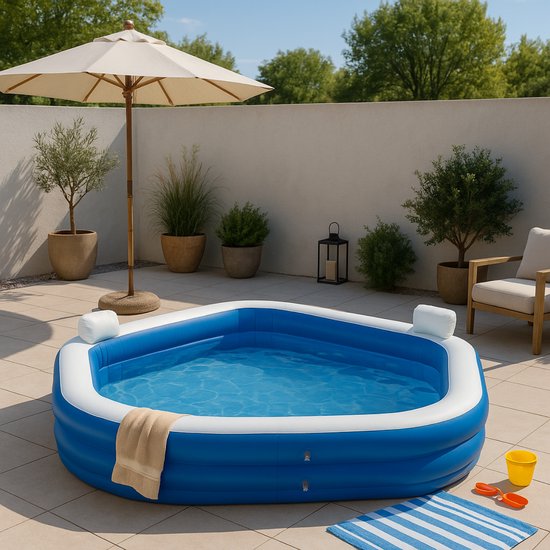 Creative Kids Familien Pool - Aufblasbar - 2 Liegestühle - 213 x 206 x 60 cm - Mit Getränkehalter und Kopfstützen - Weiß/Blau