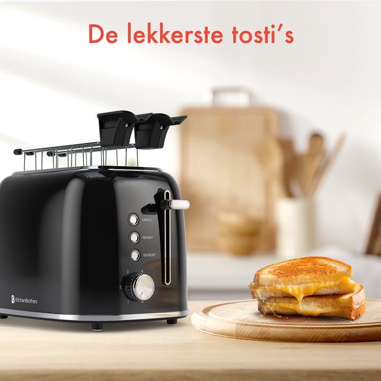 KitchenBrothers Toaster - Mit Toasty Clamps - 6 Heizstufen - Breite Schlitze - 870W - Schwarz