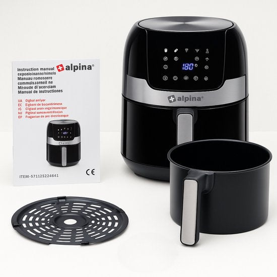 alpina Airfryer 4.5L- Heißluftfritteuse für 2 bis 4 Personen - Luftfritteuse mit einstellbarer Temperatur von 80°C bis 200°C - Timer bis zu 60 Minuten - Heißluftfritteuse 1400W - Schwarz