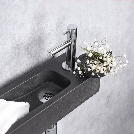 Differnz Luxor Brunnenset - Spülbecken Naturstein - Schwarz - Gebogener Wasserhahn - Chrom - Standardgriff - 38 x 14 x 8 cm
