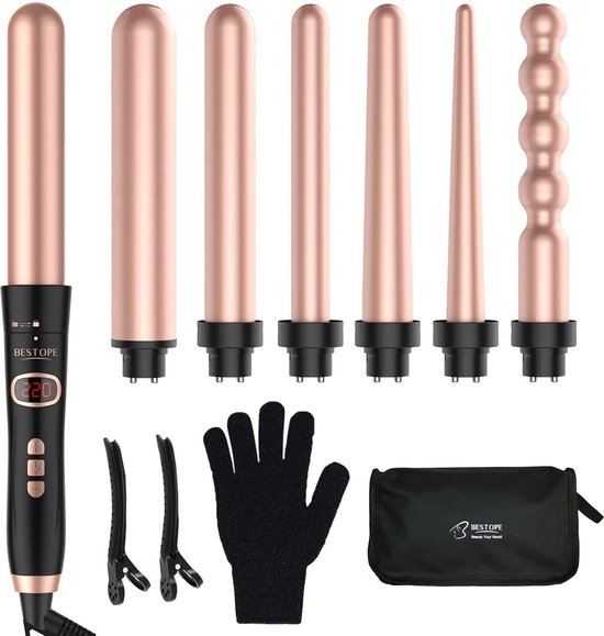 Bestope 6 in 1 Lockenstab mit Aufsätzen - Keramischer Lockenstab - 13 bis 32 mm - Roségold