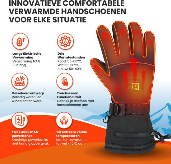TTD® Beheizte Handschuhe - Größe L - Wiederaufladbar - Drei Wärmestufen - Schwarz