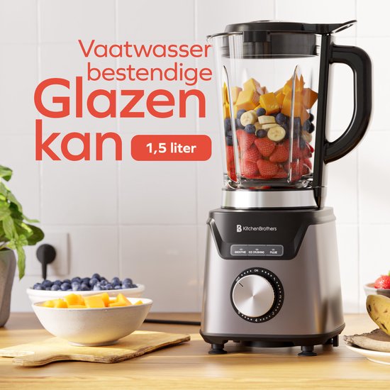 KitchenBrothers Mixer - Mit Trinkflasche - 1200W - 1.5L - Smoothie Maker - Edelstahl - Grau