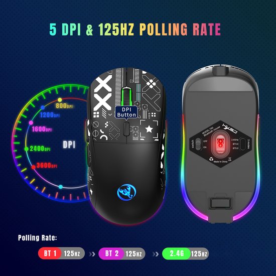 HXSJ T90 2.4G Silent Wireless Gaming Mouse - Bluetooth - Computermäuse - Ultraleicht - RGB-Beleuchtung - Schwarz