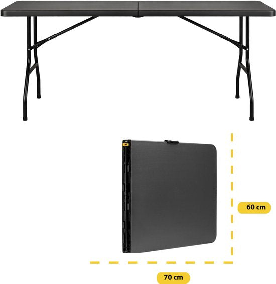 BRASQ Zusammenklappbarer Klapptisch Schwarz - 180x70x74cm- Campingtisch - Klapptisch - Wetterfest - Tisch mit Tragegriff
