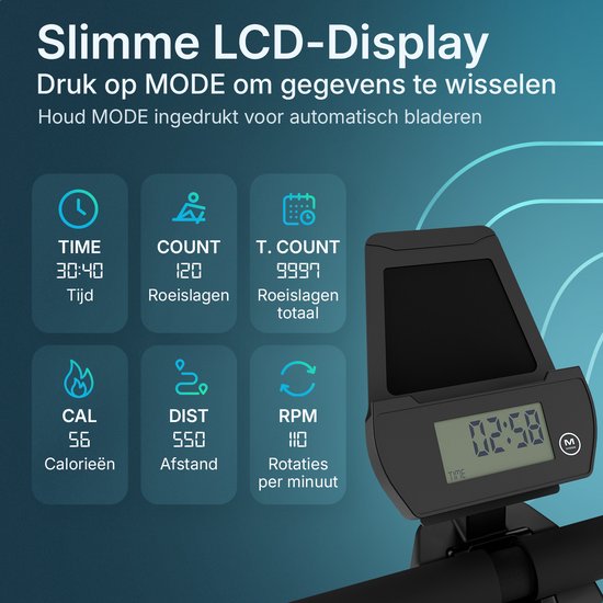 Flowsense Rudergerät - Rudergerät - Leise - Magnetisches Rudergerät Fitness - Rudergerät 16 Widerstandsstufen - LCD Monitor