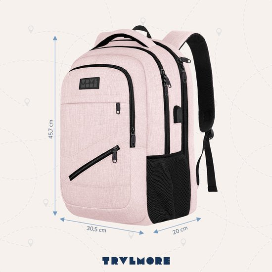 TRVLMORE Rucksack mit Lifetime - Rucksack mit 15.6 Zoll Laptopfach - Schultasche - Spritzwassergeschützt - Männer und Frauen - Jungen und Mädchen - 28L - Pink