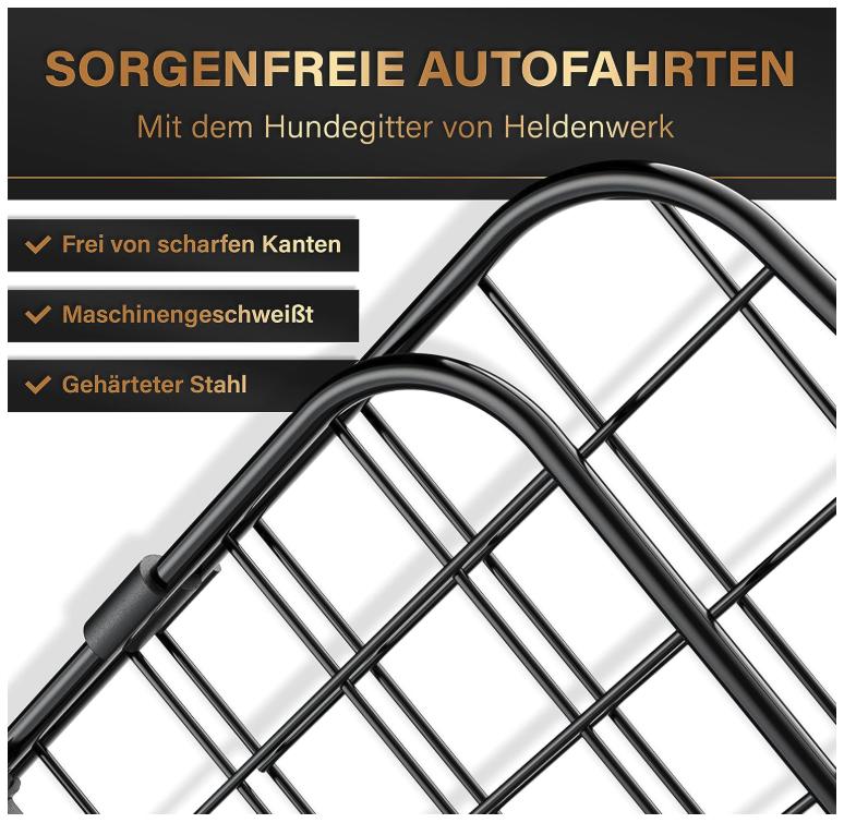 HELDENWERK Hundegitter Auto Universal - Stufenlos - Verstellbar - Für den Kofferraum - Einfache Montage - Stahl - Schwarz