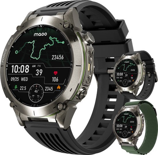 Maoo FORGE - GPS Smartwatch Herren - 1.43" AMOLED Display - 3 Bänder - GPS (5 Satelliten) - Klingelfunktion - 730mAh Akku (lange Akkulaufzeit) - 170+ Sportmodi - Herzfrequenz, Blutdruck, SpO2, Schrittzähler - Kompass, Taschenlampe - 1 ATM Wasserdicht - Gu