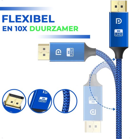 Displayport-Kabel 1.4 - DP-Kabel 8K - 24K vergoldet - 1,8 Meter - Blau