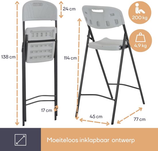 Perel Weißer Indoor- und Outdoor-Hochklappstuhl, Barhocker, mit Rückenlehne und Fußstütze, Kunststoff, platzsparend, ideal für Events, Partys und Catering, mit Stahlgestell und wetterfester Sitzfläche, 45 x 77 x 114 cm