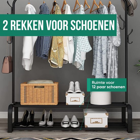 Exxen Industrieller Kleiderständer – Metall – 110 x 33 x 150 cm – Schwarz – Stauraum für Schuhe – Garderobenständer mit Haken