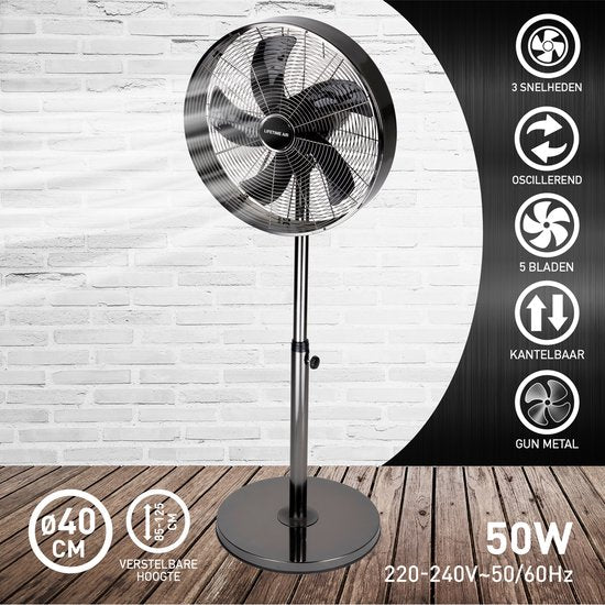 Lifetime Air Stativventilator - 230V - Höhe 85-125 CM - 3 Geschwindigkeiten - Oszillationsfunktion - Neigbar - Silber