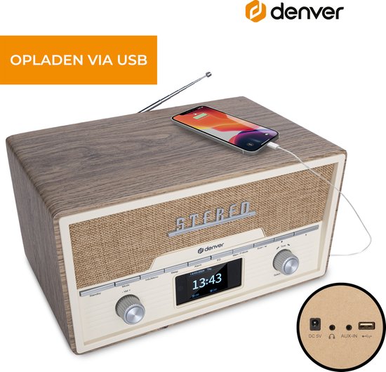 Denver Radio - DAB/CD-Player - Bluetooth - 20 Speicherplätze - FM / AUX - Holz