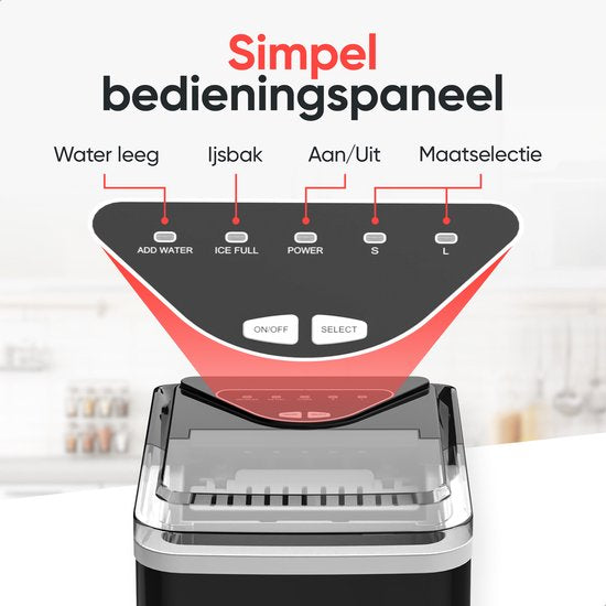 Kitchenwell Eiswürfelbereiter - 2L - Mit Eisportionierer - 12kg/24 Stunden - Selbstreinigungsfunktion - Schwarz