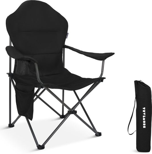 TRVLMORE Campingstuhl XXL - faltbar - 160KG Tragkraft - Inkl. Tragetasche - Klappstuhl - Angelstuhl - Campingstuhl - Klappstuhl - Schwarz
