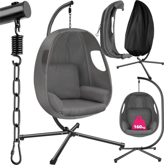 tectake Hängesessel mit Gestell - Schaukelstuhl mit Kissen + Rückenkissen - Möbel für Wohn- oder Schlafzimmer - Balkonmöbel - Für drinnen oder draußen - Bis 160 kg - Anthrazit
