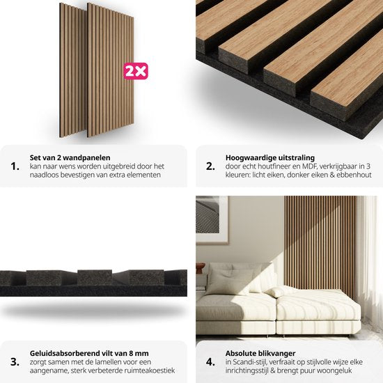 Tectake Akustikpaneele Sonic Wall - 2er-Set - Eiche hell - Schallabsorbierendes Paneel - 120x60x2,1cm pro Panel