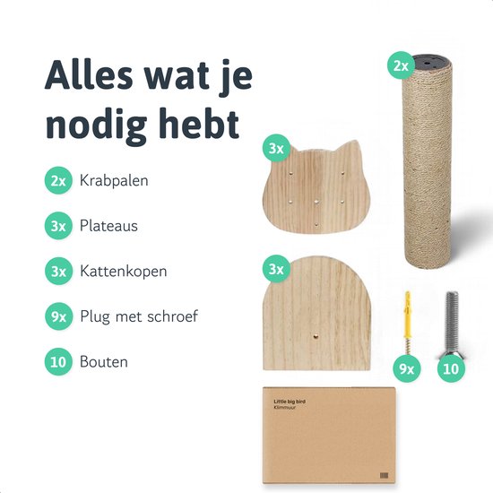 Little big bird Katzenkletterwand - Kratzbaum - 2 Plattformen - Für große Katzen - Komplettset