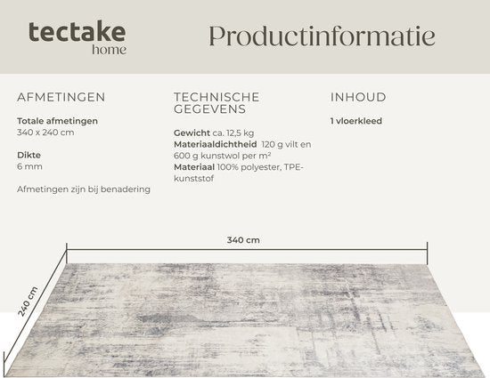 tectake® Teppich im Vintage-Design – Kurzflor-Teppich für Wohnzimmer, Kinderzimmer, Schlafzimmer oder Flur – Waschbar – Verschiedene Größen – 240 x 340 cm – beige/grau
