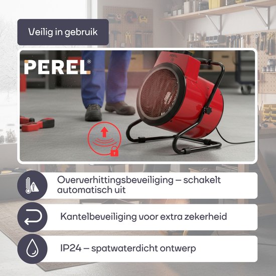Perel Elektroheizlüfter 3000W, 2 Heizstufen, Thermostat und Kühlmodus, IP24, Überhitzungs- und Kippschutz, kompakte tragbare Heizung für Werkstatt, Garage, Schuppen