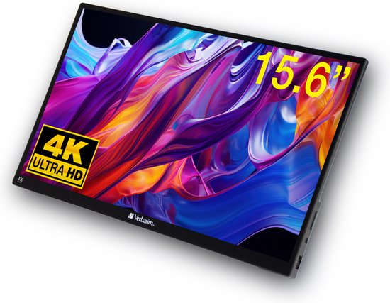 Verbatim - 15,6" tragbarer 4K-Touchscreen-Monitor PMT-15-4K - 357,1 x 215 x 12 mm - mit IPS-Technologie und HDR sowie 10-Punkt-Multi-Touch und verstellbarem Ständer - für Spiele und den geschäftlichen Einsatz - Schwarzes Aluminium