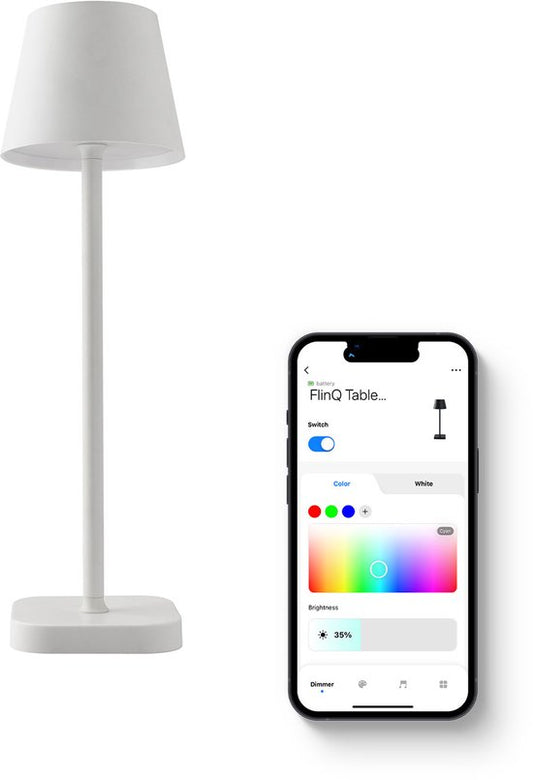 FlinQ Smart Table Lamp Lume - Wiederaufladbar und mit Touch Control - Für Schlafzimmer und Wohnzimmer - Kabellose Lampe auch als Stehlampe - Dimmbar und ideal für den Nachttisch - Industrial - Weiß