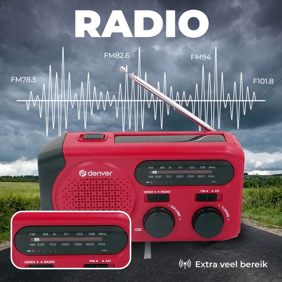 Denver Notfall-Radio - Solar-Powerbank - FM-Radio - Notfall-Kit - Taschenlampe - Wind-up - SOS-Taste - Solar-Powerbank - SCR2010