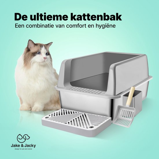 Jake und Jacky Edelstahl Katzentoilette - Offene Katzentoilette - Inkl. Katzentoilettenschaufel mit Halterung und Streusammelstufe - 60x40x30cm