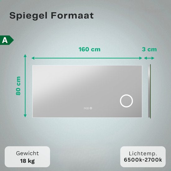 Mirlux Badezimmerspiegel mit LED-Beleuchtung & Heizung - Rechteckiger Wandspiegel - Anti-Kondensations-Duschspiegel - 160x80CM