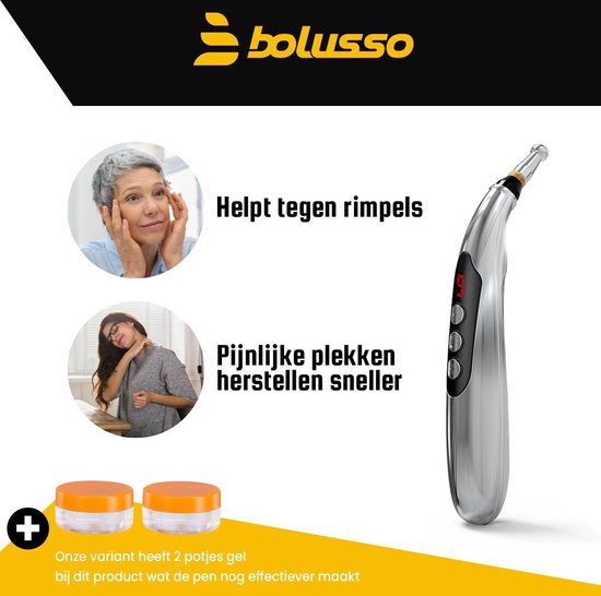 Bolusso Komplettes Akupunktur-Stift-Set - Enthält 5 Kopfstücke - Holländisches Handbuch - Massage-Stift und Werkzeug - Wiederaufladbar - Einschließlich Gel-Töpfe