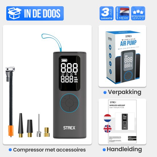 Strex Elektrische Reifenpumpe - Kabelloser Mini-Kompressor 3-in-1 - Auto, Fahrrad, Roller, Ball & Luftmatratze - bis zu 10,5 bar / 150 PSI - 30L/min - 8000 mAh Powerbank & Taschenlampe