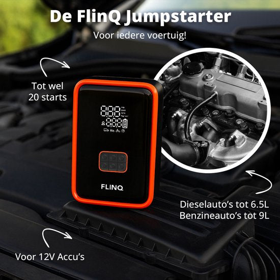 FlinQ 12V Starthilfe für Auto & Motorrad - 4-in-1 Luftkompressor, LED-Taschenlampe, SOS-Notleuchte & Powerbank - Elektrische Reifenpumpe - Starthilfe - inkl. Aufbewahrungstasche