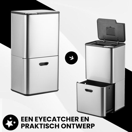 Bayt Abfalleimer 60 Liter - Abfalleimer 60 Liter - Mülltrennung - 2 Fächer - Edelstahl - Silber