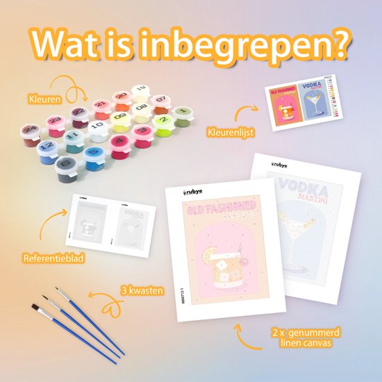 Rubye® Malen nach Zahlen Erwachsene - Wodka Martini - Cocktails - Inklusive Farben und Pinsel - Leinwand Malerei Leinwand - Farben nach Zahlen - Doppel Set - 15x20cm